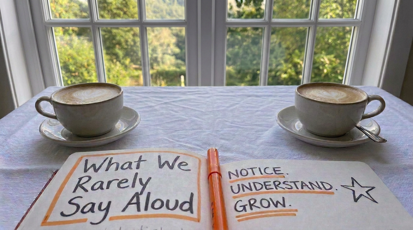 Two cups of coffee and a journal on a table