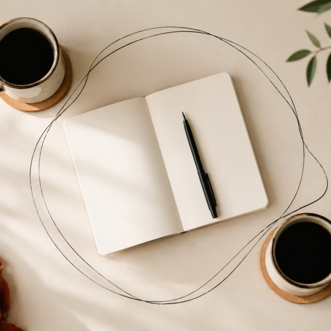 Two cups of coffee and a journal