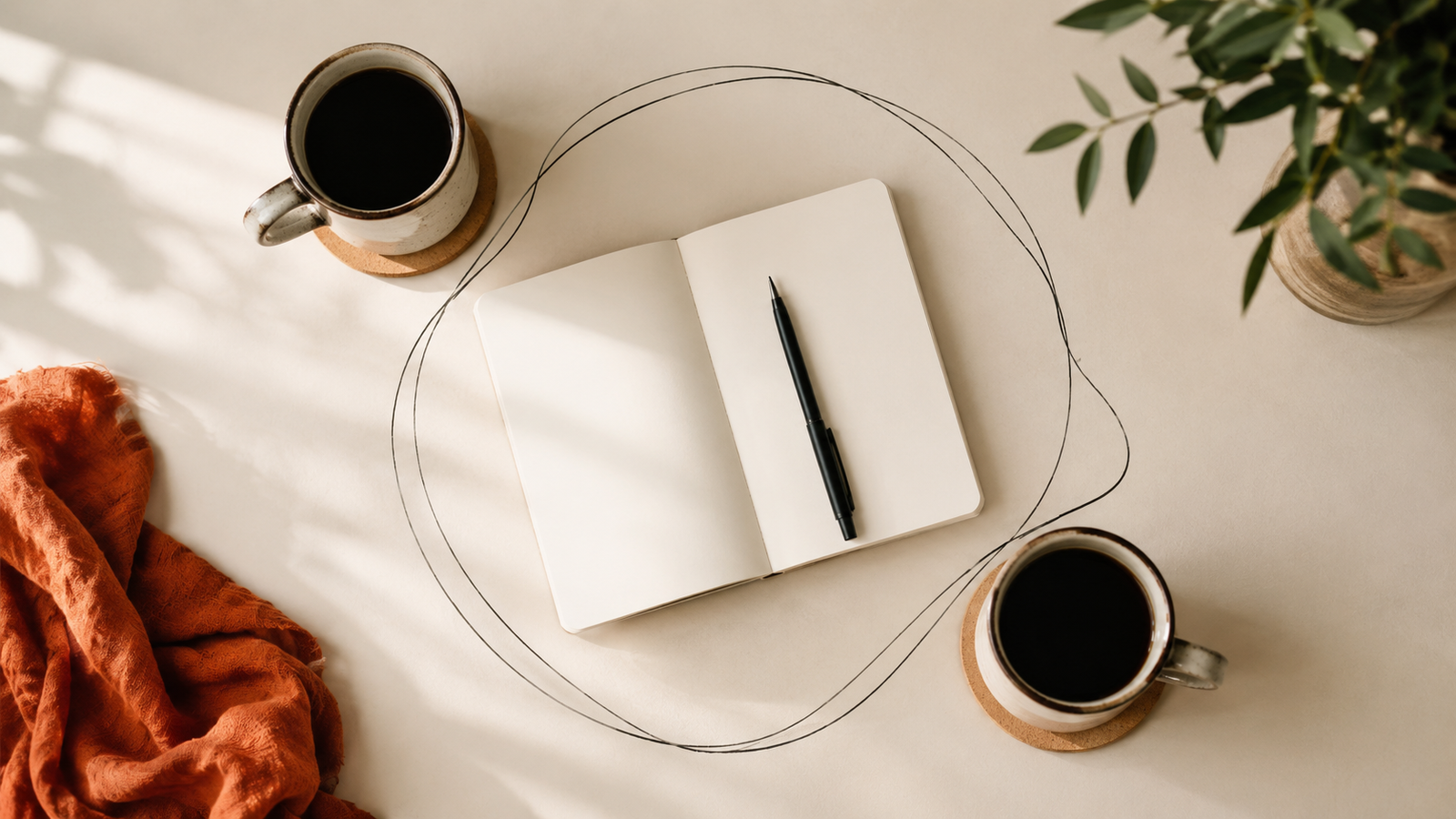 Two cups of coffee and a journal