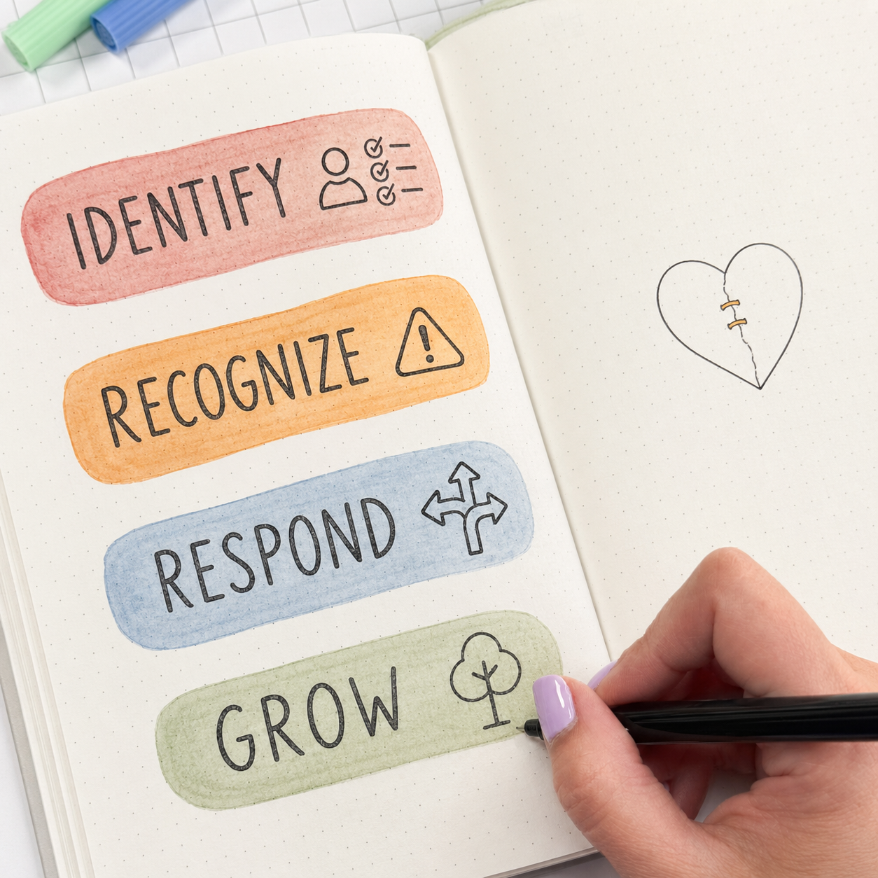 Notebook with writing - Identify, Recognize, Respond, Grow